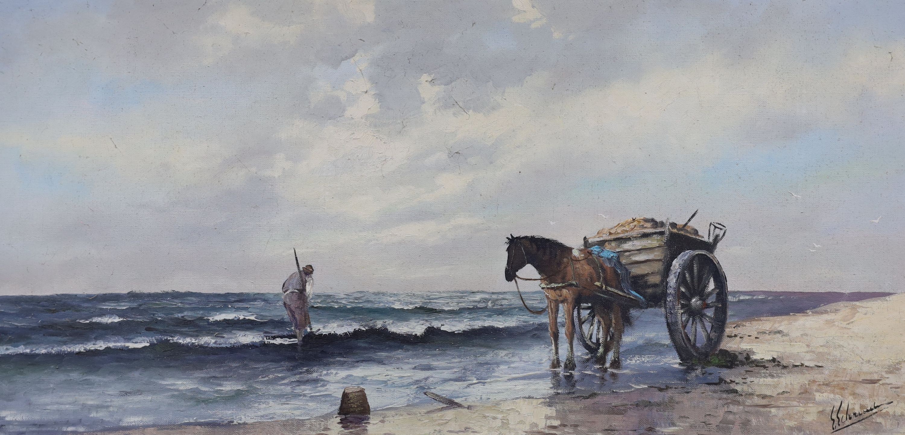 German School, oil on canvas, Seaweed gatherer along the shore, indistinctly signed, 39 x 79cm